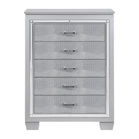 Glamourous Silver Finish 1pc Chest of 5x Dovetail Drawers Faux Alligator Embossed Fronts Bedroom Furniture