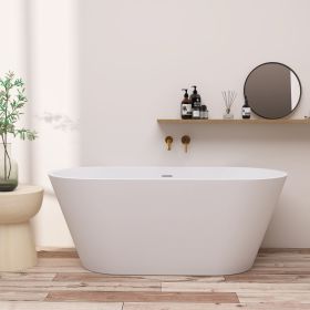 59" Acrylic Freestanding Bathtub; Gracefully Shaped Freestanding Soaking Bathtub with Brushed Nickel Drain & Minimalist Linear Design Overflow White