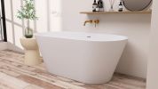 59" Acrylic Freestanding Bathtub; Gracefully Shaped Freestanding Soaking Bathtub with Brushed Nickel Drain & Minimalist Linear Design Overflow White