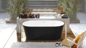 59&quot; 100% Black Acrylic Freestanding Bathtub Contemporary Soaking Tub with Brushed Nickel Overflow and Drain