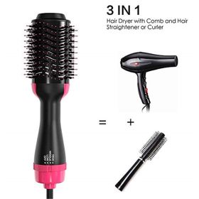 Hair Dryer 3 in 1 Hot Air Brush Styler and Volumizer Blow Dryer Salon Blower Brush Electric Hair Straightener Curler Comb (Color: Pink)