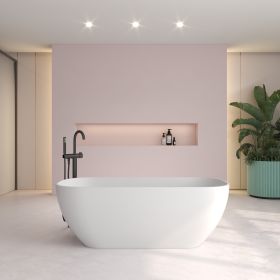 FRALIMK 63" x 30" x 22" Flatbottom Freestanding Solid Surface Resin Stone Bathtub Soaking Tub In Soft White Matte (Color: White)